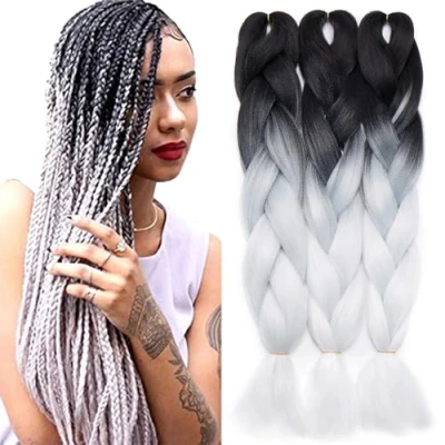 Abbildung von TESS Braids Extensions 60 cm, Jumbo Kanekalon Kunsthaar Zum Einflechten Box Haarverlängerung Zopf 100g/Bündel Ombre Haar Extension (1 Stück #26 Weiß/Schwarz)
