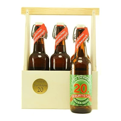 Abbildung von Bier Geschenk 6 er Holz Träger mit Fl. 20. Geburtstag