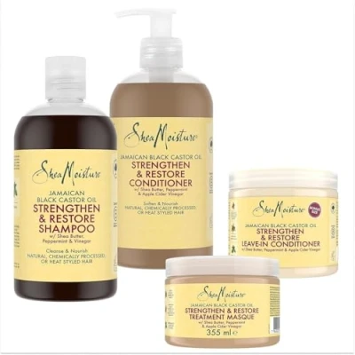 Abbildung von SheaMoisture Haarpflege Bundle jamaikanisches schwarzes Rizinusöl mit Shampoo 1x 384ml, Spülung Treatment Maske 355ml, Leave In 431ml 4 Stück