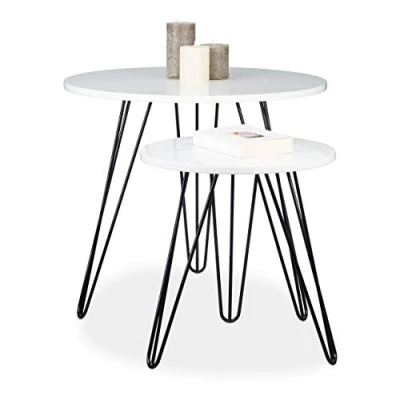Abbildung von Relaxdays Beistelltisch Weiss 2er Set, runder Dreibeiner, Holz Sofatisch für Wohnzimmer, HxD: 52 x 60 cm, glänzend Weiß