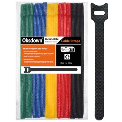 Abbildung von Oksdown Klett Kabelbinder Wiederverwendbare Mehrfarbig 50 Stück Klettband Klettkabelbinder Kabel Kabelklett Klettbinder Verstellbare Wiederverschließbar Kabelklettbänder