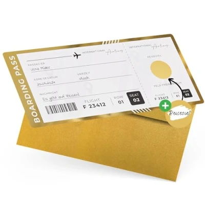 Abbildung von Heimonie Reisegutschein Flugticket mit Rubbelaufkleber Bordkarte zum beschriften Einzigartige ReiseGeschenk Verpackung Boarding Pass Karte als Urlaub Gutschein oder Geschenkidee Reise freirubbeln