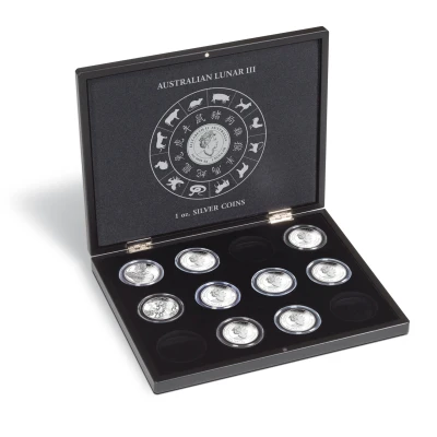 Abbildung von Leuchtturm, MünzSchutzkassette, Volterra Uno für Münzen Austalian Lunar III, 1 oz Silber in Kapseln (12 Stk.) Schwarz Abm: 305x245x30 mm. pro