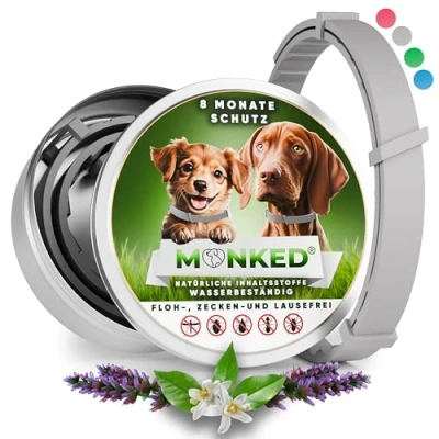 Abbildung von Monked Natürliches Flohhalsband Hunde ohne Chemie Zeckenhalsband für klein &amp; groß Größenverstellbar bis 8 Monate Schutz Zeckenschutz Hund Anti Floh [Grau]
