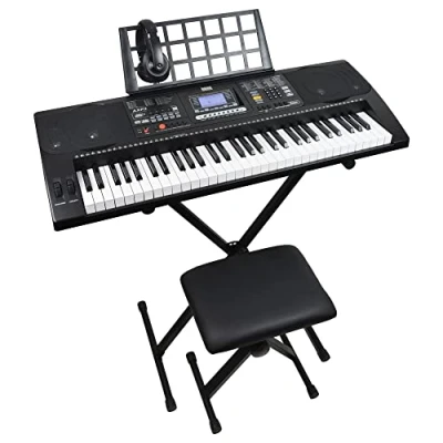 Abbildung von Axus AXP2 Paket mit elektronischem Keyboard Piano, 61 „Hammermechanik“ Tasten Anschlagdynamik, dazu ein Ständer, Hocker, Kopfhörer, Netzteil und Notenständer