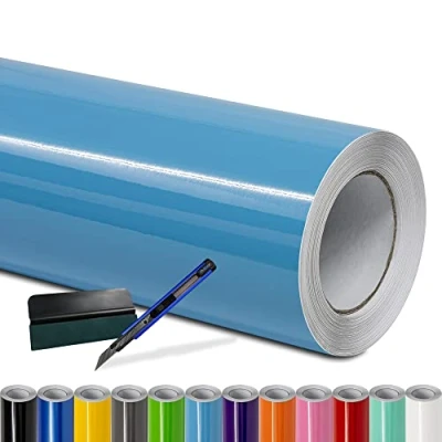 Abbildung von Folindo® Autofolie Hell Blau Glanz (9/m²) 4 x 1,52 m + Rakel &amp; Cutter Selbstklebende Luftkanal Folie zur Auto Folierung Blasenfrei