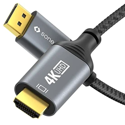 Abbildung von Sonero® 4K DisplayPort 1.2 auf HDMI 2.0 Kabel, Stecker Stecker, 60Hz, 2K 120Hz, Baumwollmantel, grau/schwarz, 3,00 Meter