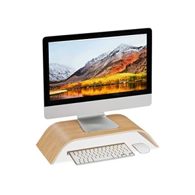 Abbildung von Relaxdays Monitorständer aus Bambus, gebogene Bildschirmerhöhung für Schreibtisch, ergonomisch, HBT 10x52,5x24 cm, natur