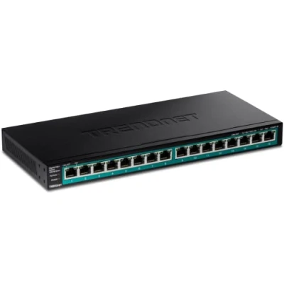 Abbildung von TRENDnet TPE TG161H 16 Port Gigabit PoE+ Switch, x Ports, 120 W PoE Budget, bis zu 30 pro Port, 1 HE 19 Zoll Rackmount Halterungen enthalten, Lüfterlos, Schwarz