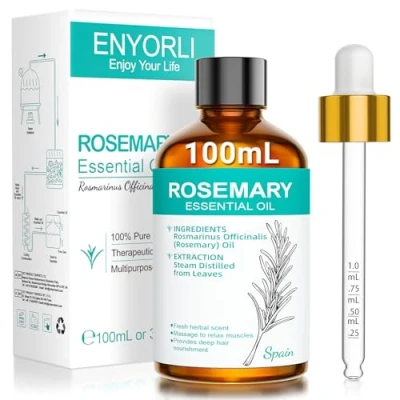 Abbildung von ENYORLI Rosmarinöl 100mL 100% Naturrein Dampfdestilliert für Haarwuchspflege, Hautpflege, Aromatherapie, Massage &amp; Duftkerzen, Mit Pipette