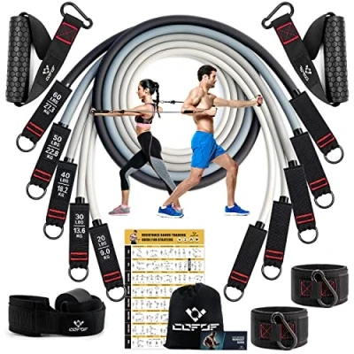 Abbildung von Resistance Bands Widerstandsbänder Set, 5 Fitnessbänder Expander Tube Bands, Fitnessband mit Großem Griff Knöchelriemen Türankerbefestigung Tragtasche, Ideal für Pilates Krafttraining Physiotherapie