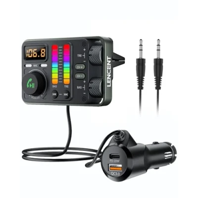 Abbildung von LENCENT Bluetooth 5.3 Auto FM Transmitter, PD20W QC18W Schnelles Autoladegerät, Radio Adapter mit Dual Mics für Freisprecheinrichtung, Siri&amp;Google, U Disk/3.5mm AUX, Hi Fi Treble &amp; Bass