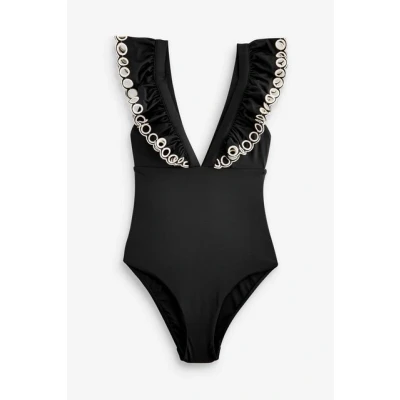 Abbildung von Next Frill Plunge Tummy Control Badeanzug, Damen, Größe: 34, Black broderie