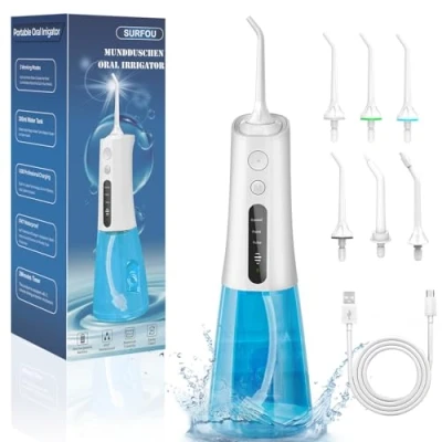Abbildung von SURFOU Munddusche Kabellos Weihnachten Geschenke Mundduschen 300ML 3 Modi 4 Wasserdruck 6 Düsen, Reise IPX7 Wasserdicht USB C wiederaufladbar für Reisen &amp; Hause