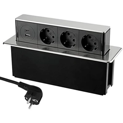 Abbildung von Versenkbare 3 Fach Aluminium Steckdosenleiste, USB A C, Dämpfung