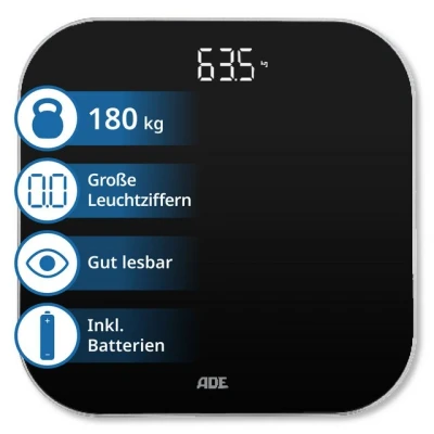 Abbildung von ADE Personenwaage sehr präzise Körperwaage mit Magic Display, hohe Tragkraft von 180 kg, Wiegefläche aus Sicherheitsglas, klein