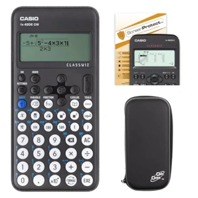 Abbildung von Casio FX 82 DE CW mit CalcCase Schutztasche, und Displayschutzfolie im Set