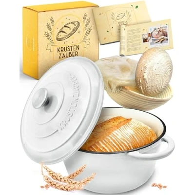 Abbildung von KRUSTENZAUBER Gusseisen Topf Brot backen emailliert inkl. Gärkorb 26cm Emaille samt Zubehör Ideal als Brotbacktopf, Brottopf, Brotbackform mit Deckel, Gusseisentopf Brotbacken, Schmortopf