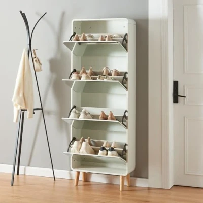 Abbildung von [en.casa] Schuhschrank Aure Schuhkipper mit 4 Klappen Schuhkommode Spiegel Schuhregal platzsparend für 16 Paar Schuhe Schuhablage Schuhaufbewahrung 172 x 63 24 cm Weiß