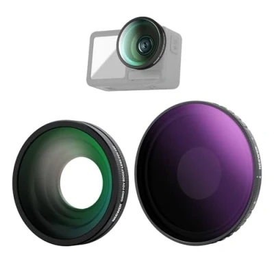 Abbildung von NEEWER Variables ND Filter Objektiv Set, Graufilter kompatibel mit DJI Osmo Action 5 Pro/4, Schraubfilter, optisches HD Glas ND8 32 (35 Stops)+185 FOV Weitwinkelobjektiv, Actionkamera Zubehör, FL 54