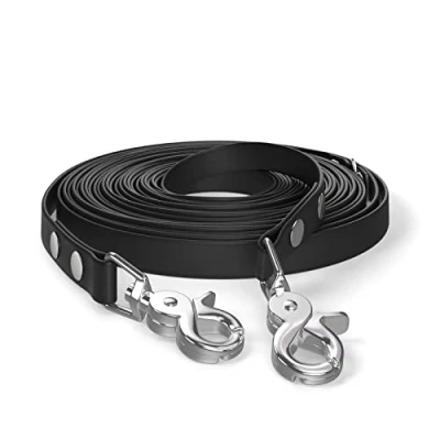 Abbildung von 10m Schleppleine, Hundeleine, 2 Karabiner &amp; D Ring, Schwarz, sehr stabil, schmutz und wasserabweisend