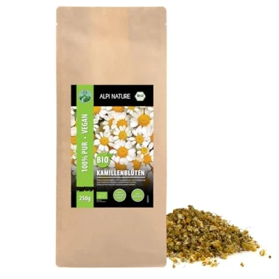 Abbildung von BIO Kamillenblüten (250g), Kamillentee Bio, ganze Kamillen Blüten schonend getrocknet, aus kontrolliert biologischem Anbau, laborgeprüft, vegan, Kamillenblütentee 100% naturrein ohne Zusätze