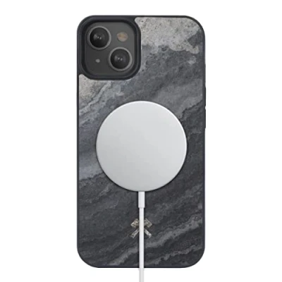 Abbildung von Woodcessories Magnetisches Bumper Case für iPhone 14 Plus kompatibel mit MagSafe, Handyhülle Magnet aus Stein, Camo Grau