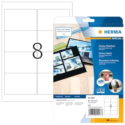 Abbildung von HERMA 4907 Hochglanz Etiketten, 25 Blatt, 96 x 63,5 mm, 8 pro A4 Bogen, 200 Stück, selbstklebend, bedruckbar, glänzend, blanko Glossy Papier Klebeetiketten Aufkleber, weiß