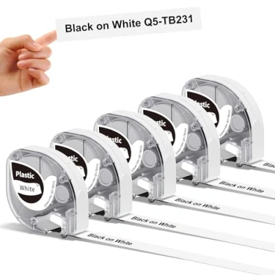 Abbildung von 5x Phomemo P12 Etikettenband Original 12mm x 4m Schwarz auf Weiß Q5 TB231 Wasserfestes Kunststoff Selbstklebendes für P12/P12 Pro/LT12 Etikettendrucker