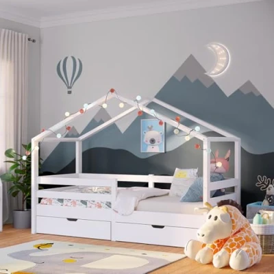 Abbildung von Bellabino Kinderbett 90x200 cm Abia, Hausbett Kinder mit Schubladen, Rausfallschutz und Rolllattenrost, Montessori Bett für weiß aus Massivholz Kiefer