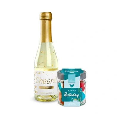 Abbildung von 2er Set Gold Secco Cheers! und Fruchtgummi Happy Birthday 120g Geburtstag Geburtstaggeschenk Geburtsttagsparty Konfetti Dein Mitbringsel zum