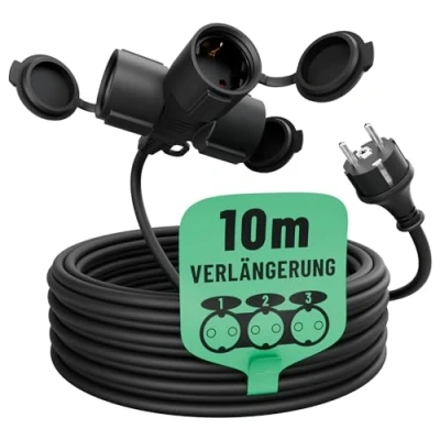 Abbildung von greate 3fach Verlängerungskabel 10 Meter aussen außen wasserdicht IP44 3 Fach Mehrfachsteckdose Verlängerung für Aussenbereich 10m 3500 W, Outdoor Extension Cord Waterproof