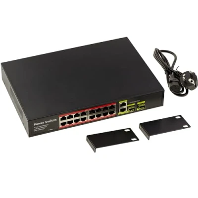 Abbildung von KALEA INFORMATIQUE Gigabit Ethernet Switch für 30W PoE PoE+ Remote Power mit 16 RJ45 Ports nach unten und 2 oder SFP Oben.