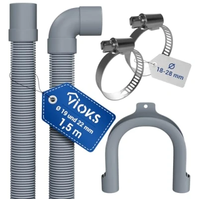 Abbildung von VIOKS Flexibler Abwasserschlauch Waschmaschine 1,5 Meter 19/22mmØ mit 2x Schlauchschellen Edelstahl 18 28mmØ Ablaufschlauch Spülmaschine Schlauchklemmen Set &amp; Ablaufschläuche für Waschmaschinen