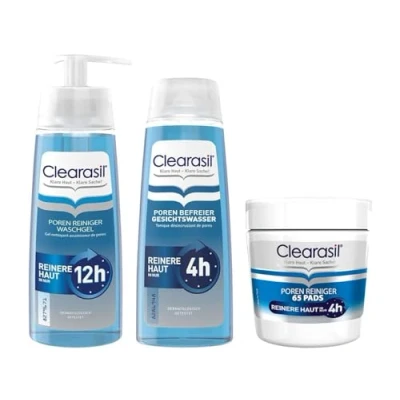 Abbildung von Clearasil Poren Reiniger Pads (65 Stück) + Befreier Gesichtswasser 200ml Waschgel 200 ml Reinigungsset