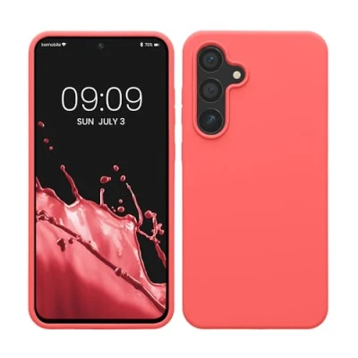 Abbildung von kwmobile Hülle kompatibel mit Samsung Galaxy S24 FE Silikon Handy Case Handyhülle weiche Oberfläche kabelloses Laden Neon Koralle