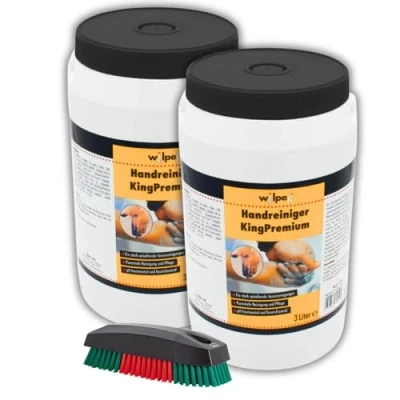 Abbildung von WILPEG Handreiniger 3L Seife, Waschpaste, Handwaschpaste für extreme Verschmutzungen wie Farbe, Klebstoff, Teer uvm. (KingPremium 2x + Handbürste)