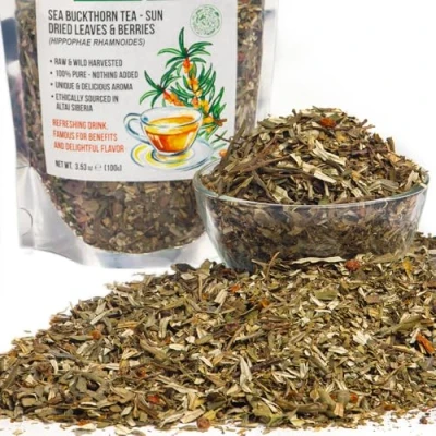 Abbildung von Siberian Green Sanddorn Tee, 100 g, sonnengetrocknete Blätter, Nilpferde, wild geerntete Altai Gebirge