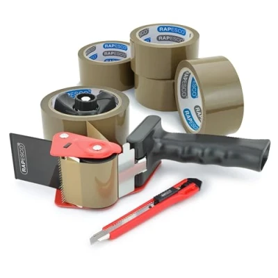 Abbildung von Rapesco 1581 Germ Savvy Antibakteriell, Klebeband Handabroller 960 mit 5 braunen Paketklebeband Rollen