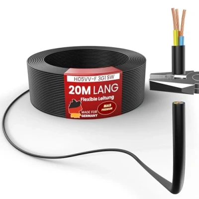 Abbildung von MAS Premium Von 5 bis 100m Kunststoffschlauchleitung H05VV F 2, 3 oder x0,75; x1; x1,5 x2,5 und 4G0,75 Flexible Leitung Kabel Gerätekabel (H05VV 3G1 SW, 20m)