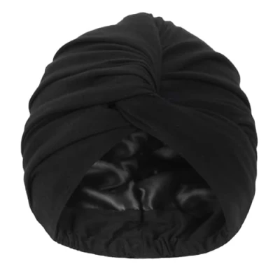 Abbildung von Hat Hut Silk Seidenhaube zum Schlafen Satin Turban für Frauen Bonnet Schlafmütze Locken Verstellbarer Kopf Wrap (Schwarz)