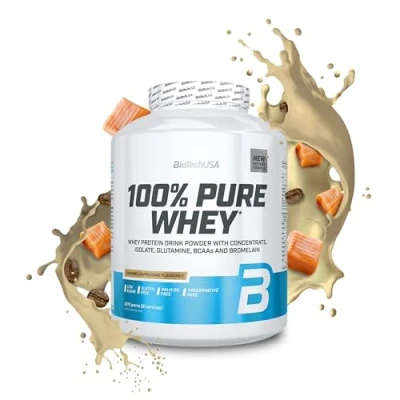 Abbildung von BioTechUSA 100% Pure Whey Proteinpulver mit BCAA und Glutamin Glutenfrei, Palmölfrei 21g Protein pro Portion, 2.27 kg, Karamell Cappuccino