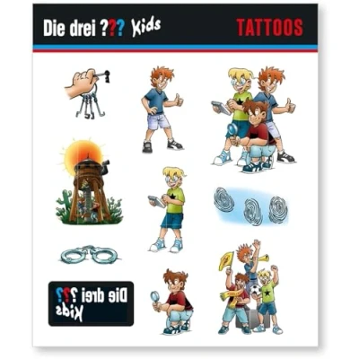 Abbildung von 9 tlg. Tattoo Set * DIE DREI ??? KIDS als Mitgebsel oder Geschenk 3 Fragezeichen Sticker Bilder Kinder Kindergeburtstag Geburtstag