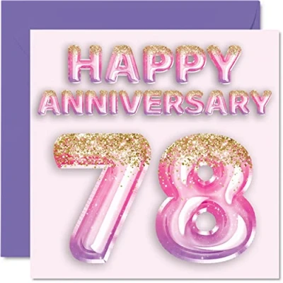 Abbildung von Stuff4 Hübsche Karte zum 78. Jahrestag für Ehefrau, Freundin, Ehemann, Freund, rosa lila Glitzerballon Happy 78 Jahrestagskarten aus der Familie, 145 mm x Grußkarten Jubiläen