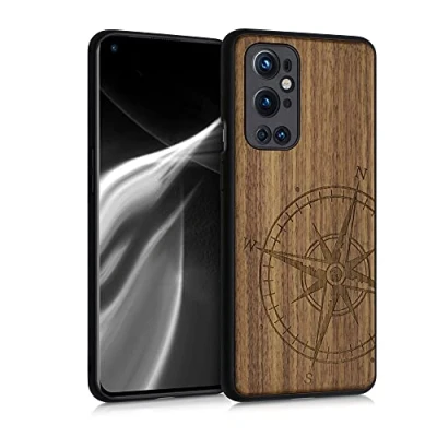 Abbildung von kwmobile Hülle kompatibel mit OnePlus 9 Pro Holz Case Handy Cover TPU Handyhülle in Dunkelbraun Kompass Vintage