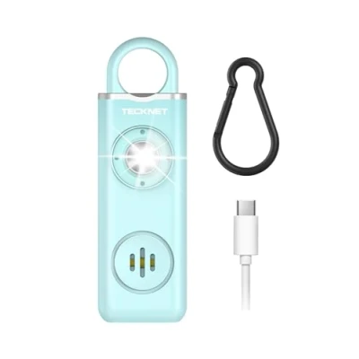 Abbildung von TECKNET Persönlicher Alarm, Taschenalarm mit 130 dB Sirene und LED Signalleuchte, USB Typ C wiederaufladbar Schlüsselanhänger für Frauen, Sicherheitsalarm Kinder/Frauen/Ältere/Studenten (Schwarz)