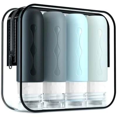 Abbildung von Silikon Reiseflaschen 90ml Set, Gemice 4 Stück auslaufsichere Reise Container und Toilettenartikel FDA zugelassene nachfüllbare Flüssigkeitsbehälter für Shampoo Creme Spülung Körperpflege