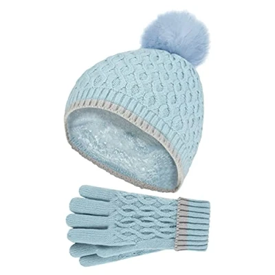 Abbildung von HEAT HOLDERS Mädchen Kinder StrickMütze Bommel Pompom und Strickhandschuhe Set (7 10 Jahre, al Blau)