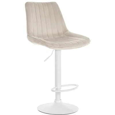 Abbildung von CLP Barhocker Toni Samt Höhenverstellbarer Thekenhocker mit Rückenlehne Barstuhl Metallgestell, Farbe:Creme, Gestell Farbe:weiß