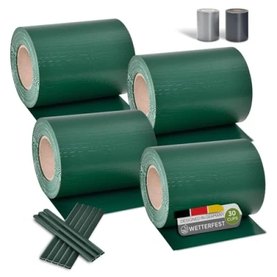 Abbildung von Juskys PVC Sichtschutzstreifen Doppelstabmatten Zaun 4er Set 4 Rollen á 35m x 19cm 120 Befestigungsclips Zaunfolie Sichtschutz Windschutz grün